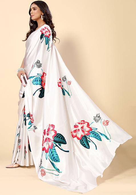 White Floral Print Satin Saree Set