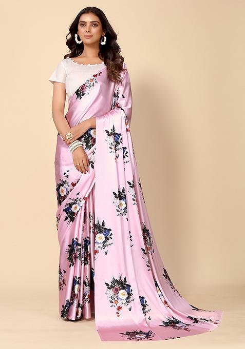 Peach And White Floral Print Satin Saree Set