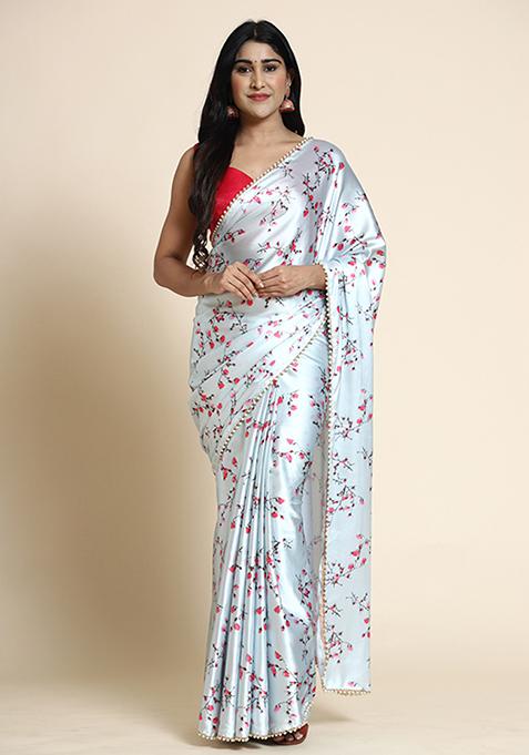 Sky Blue Floral Print Satin Saree Set