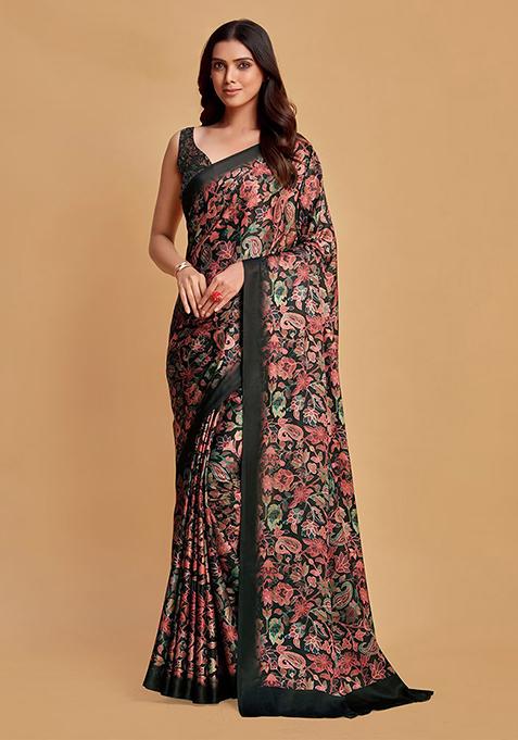 Multicolour Floral Print Satin Saree Set