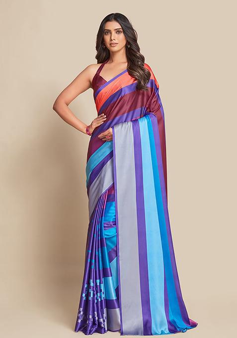 Blue Striped Print Satin Saree Set