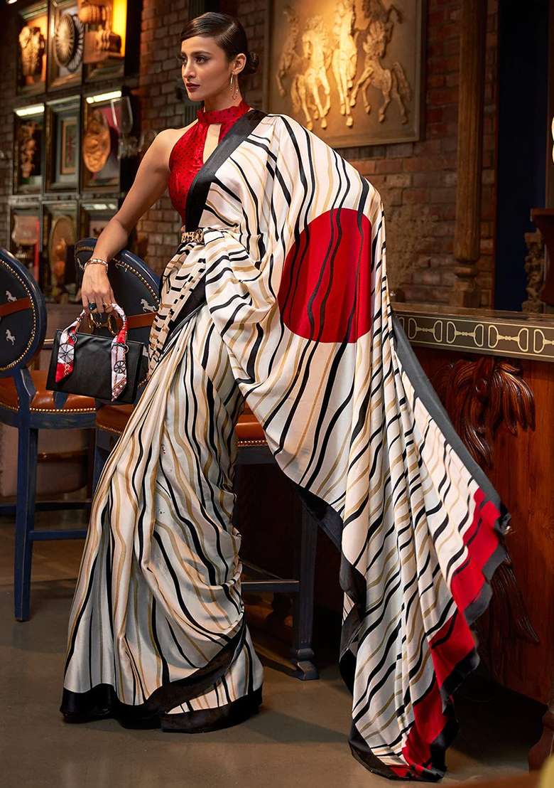 White Striped Print Satin Saree Set for Diwali and Festive Wear - Indya