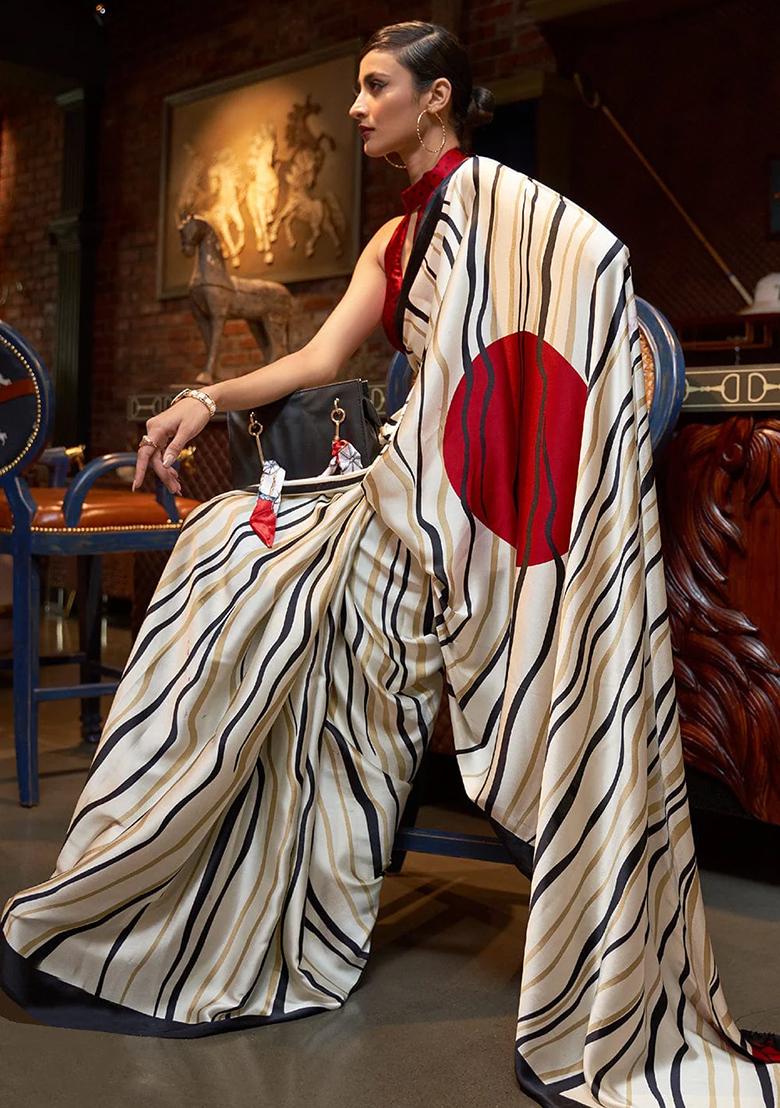 White Striped Print Satin Saree Set