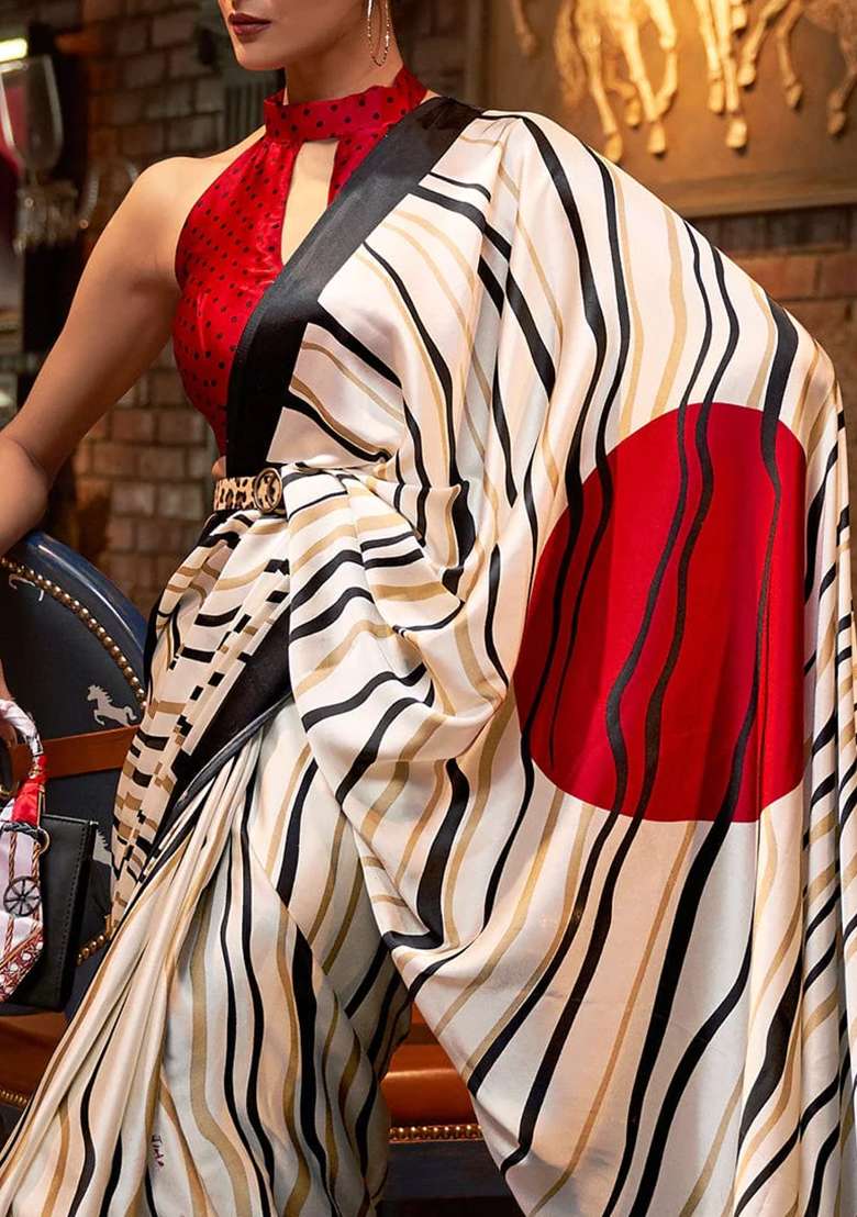 White Striped Print Satin Saree Set for Diwali and Festive Wear - Indya