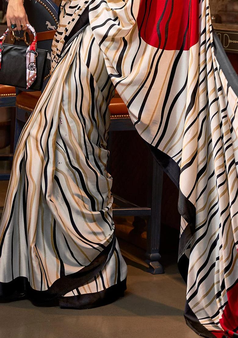 White Striped Print Satin Saree Set