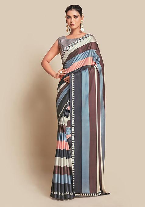 Grey Striped Print Satin Saree Set