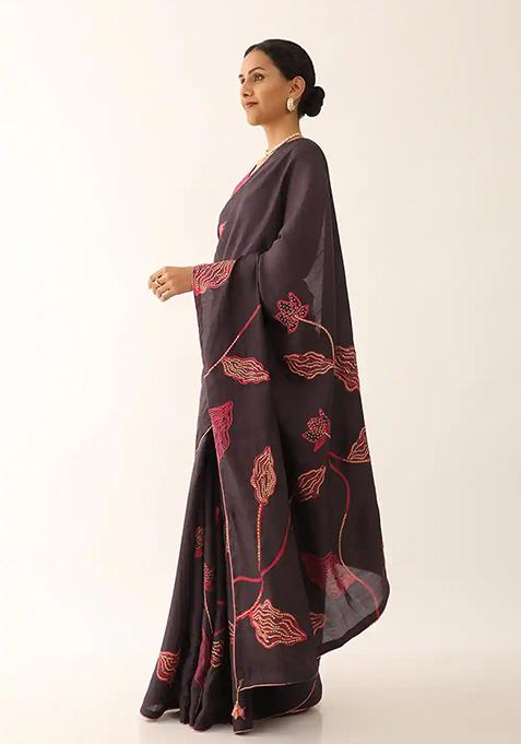 Dark Wine Floral Print Satin Saree Set