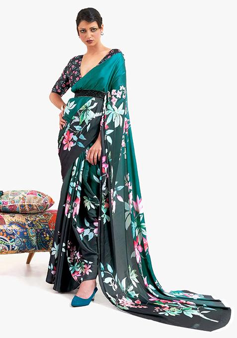 Rama Blue Floral Print Satin Saree Set