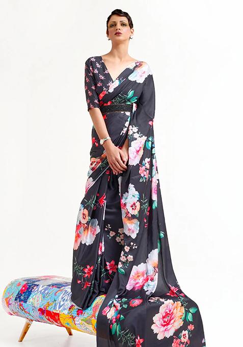 Black Floral Print Satin Saree Set