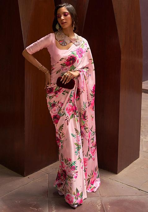 Pink Floral Print Satin Saree Set