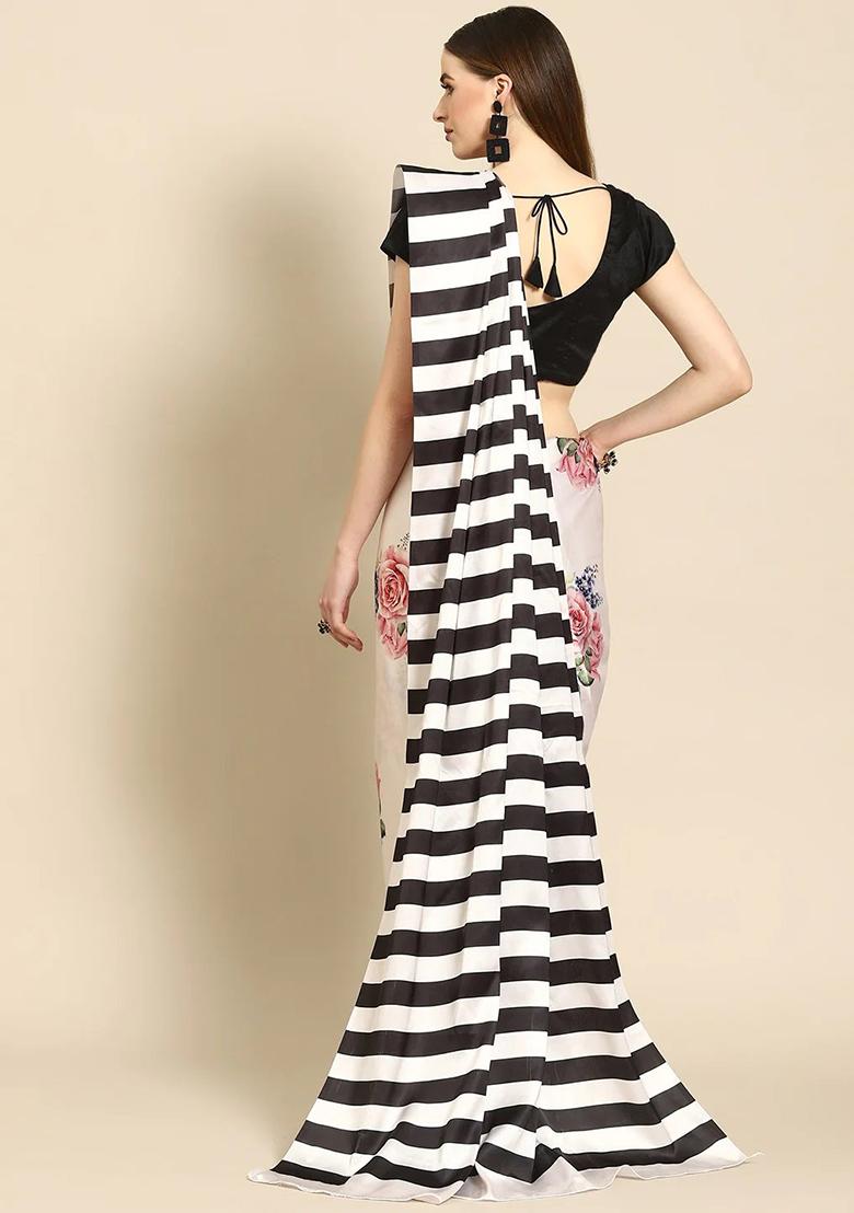 White And Black Striped Print Satin Saree Set