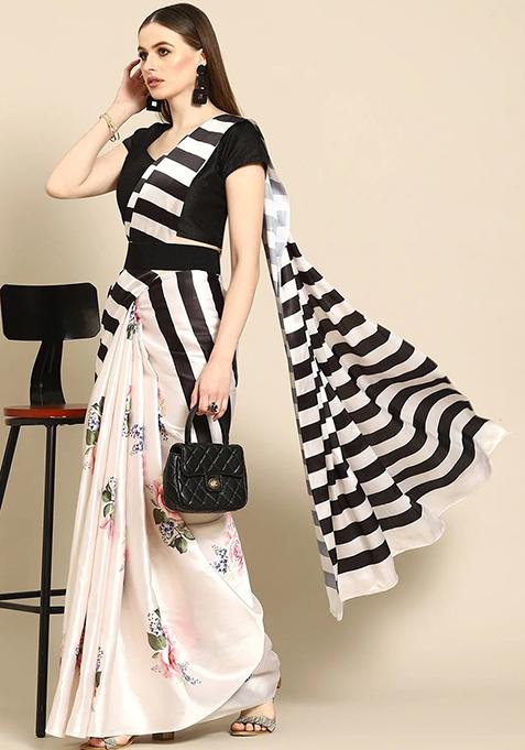 White And Black Striped Print Satin Saree Set