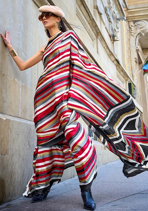 Red Striped Print Satin Saree Set