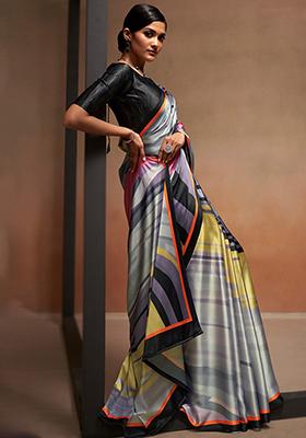 Grey Digital Print Satin Saree Set