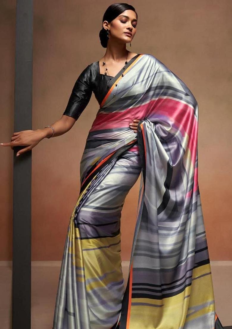 Grey Digital Print Satin Saree Set
