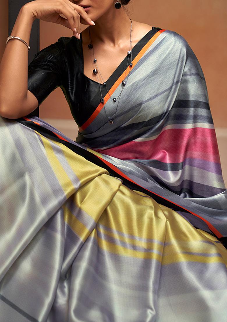 Grey Digital Print Satin Saree Set