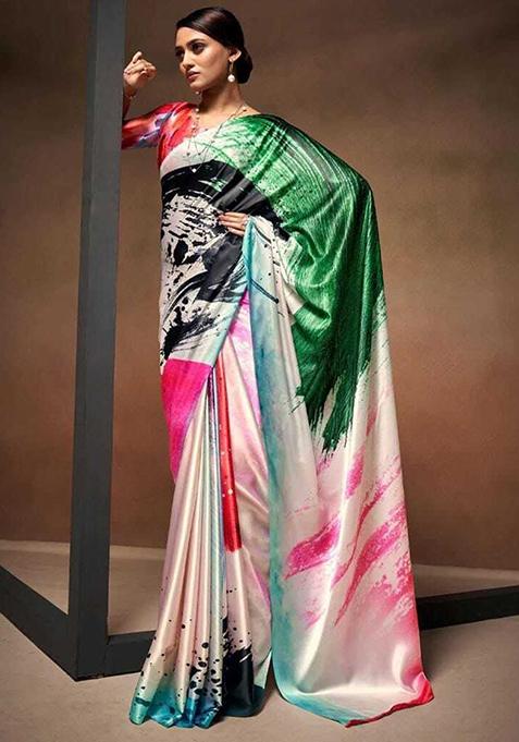 Multicolour Digital Print Satin Saree Set