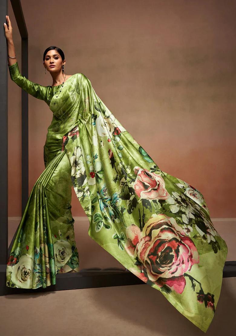 Green Floral Print Satin Saree Set