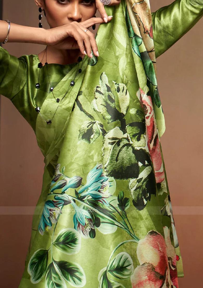 Green Floral Print Satin Saree Set