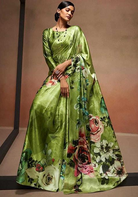 Green Floral Print Satin Saree Set