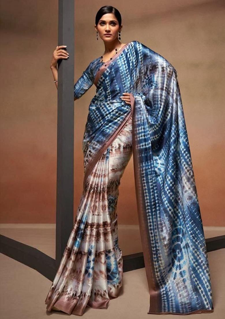Blue Digital Print Satin Saree Set