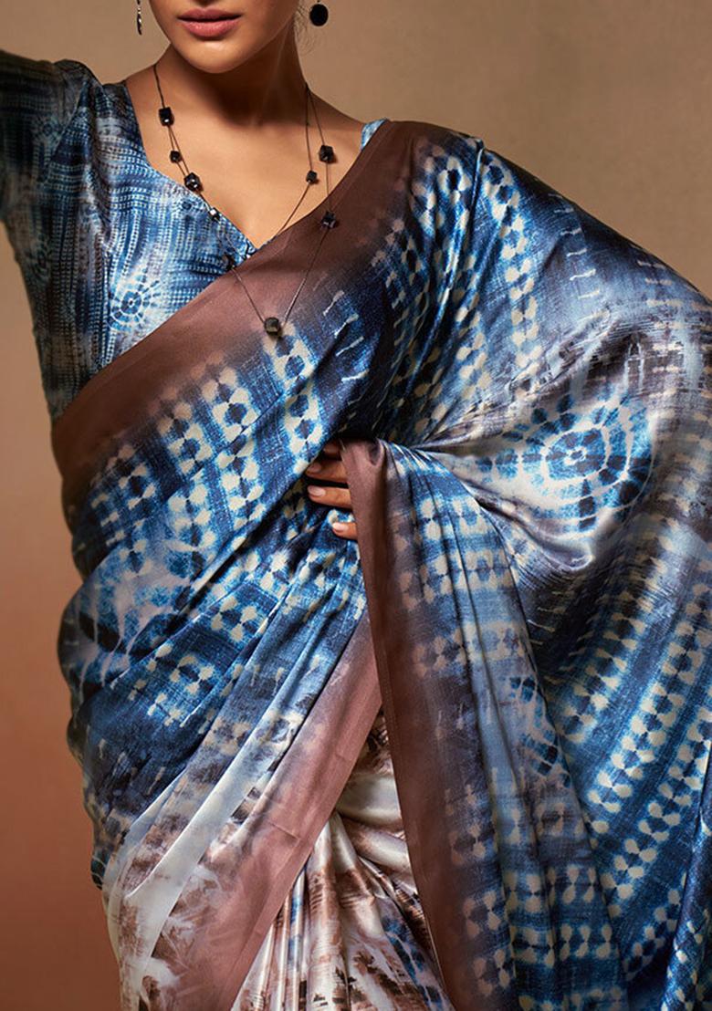 Blue Digital Print Satin Saree Set