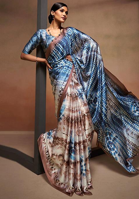 Blue Digital Print Satin Saree Set