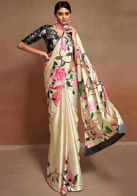 Cream Floral Print Satin Saree Set