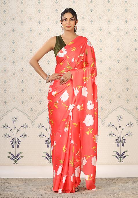 Orange Floral Print Satin Saree Set