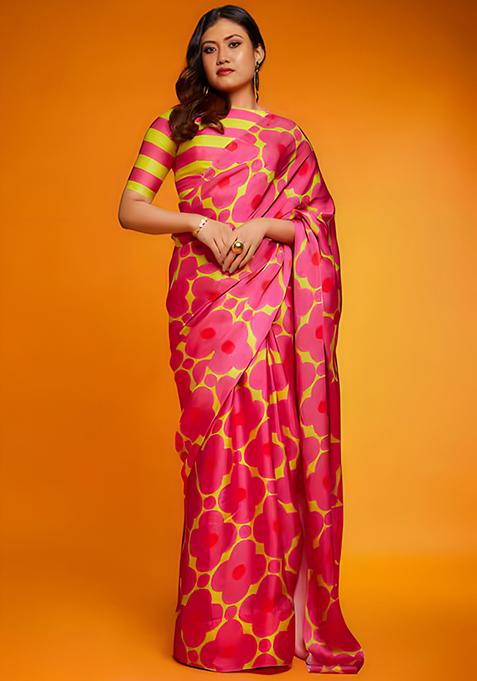 Pink Floral Print Satin Saree Set