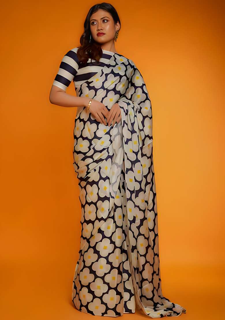 Blue Satin Saree Set with Floral Print for Diwali | Wedding & Festive Wear - Indya