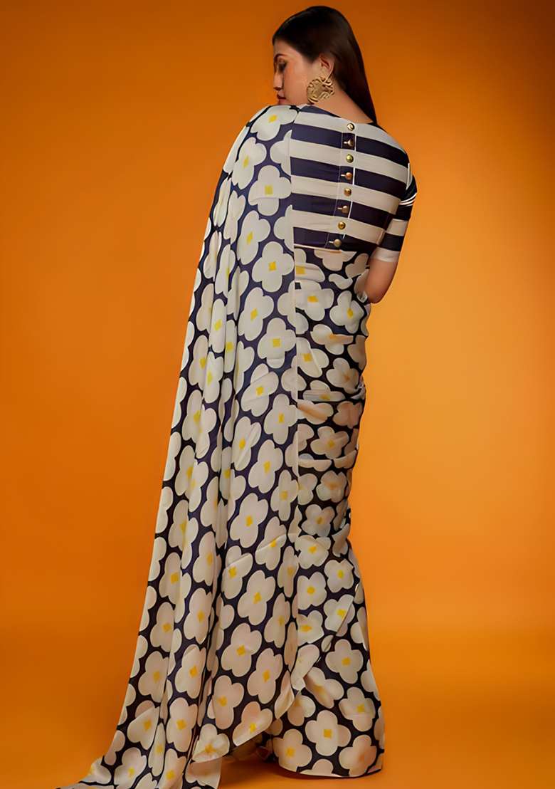 Blue Satin Saree Set with Floral Print for Diwali | Wedding & Festive Wear - Indya
