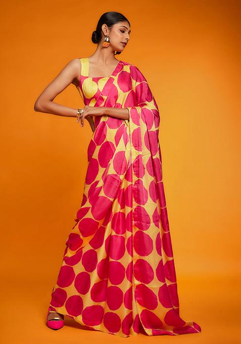 Pink And Yellow Floral Print Satin Saree Set