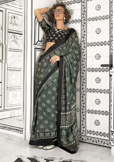 Green Printed Satin Saree Set