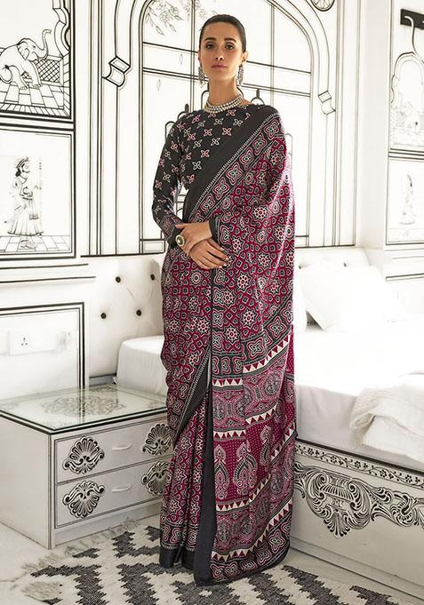 Wine Printed Satin Saree Set