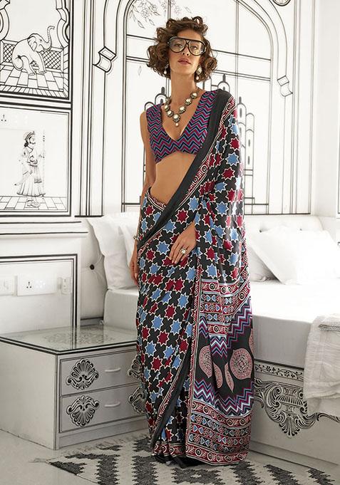 Sky Blue Printed Satin Saree Set