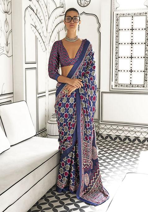 Navy Blue Printed Satin Saree Set