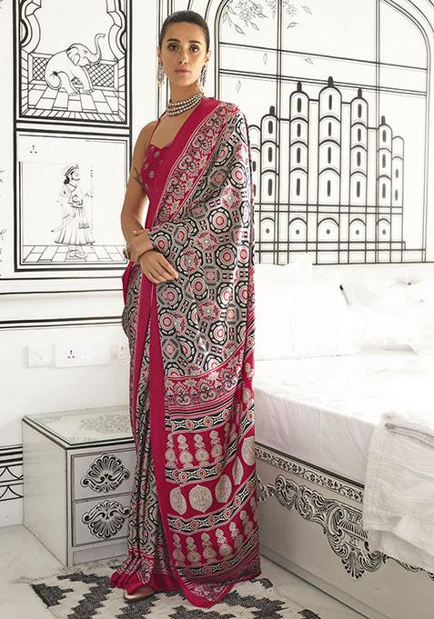 Dark Pink Printed Satin Saree Set