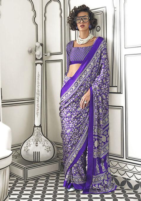 Purple Printed Satin Saree Set