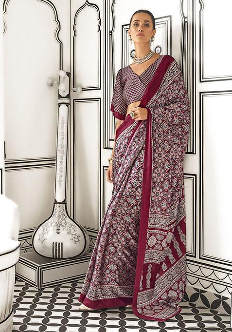 Maroon Printed Satin Saree Set