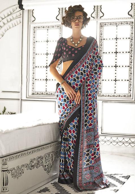 Blue Printed Satin Saree Set