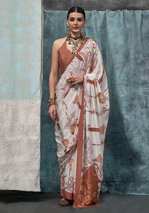 White Self Design Satin Saree Set