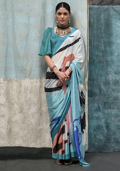 Sky Blue Self Design Satin Saree Set