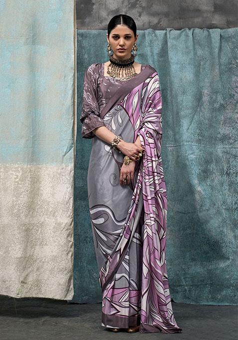 Grey Self Design Satin Saree Set