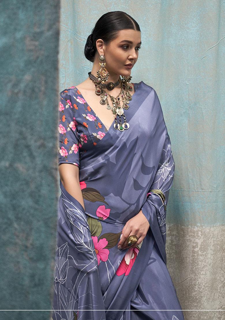 Grey Self Design Satin Saree Set