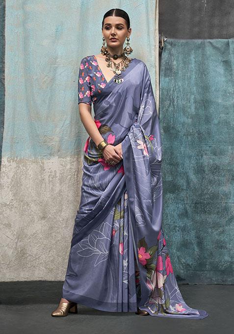 Grey Self Design Satin Saree Set