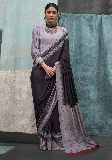 Dark Wine Self Design Satin Saree Set