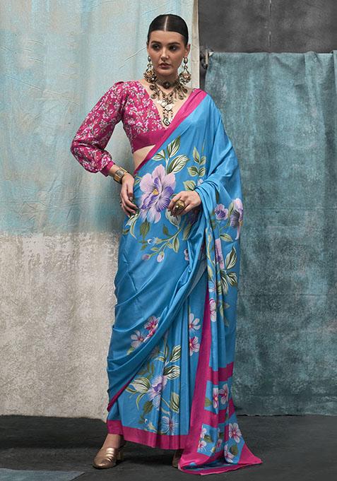 Blue Self Design Satin Saree Set