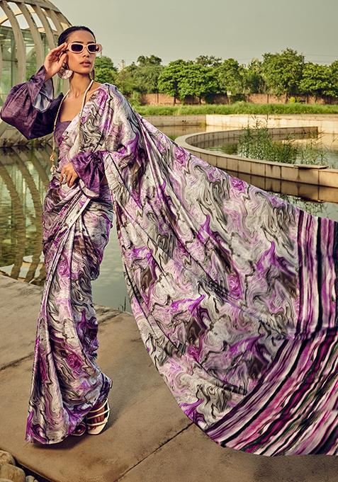 Purple Digital Print Satin Saree Set