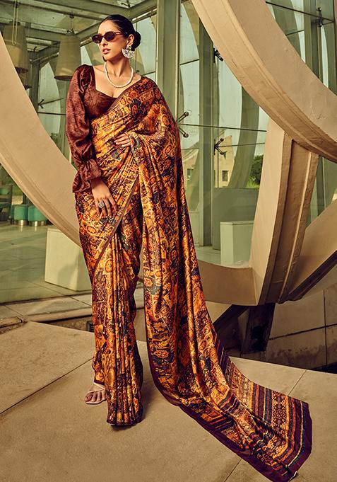 Brown Digital Print Satin Saree Set